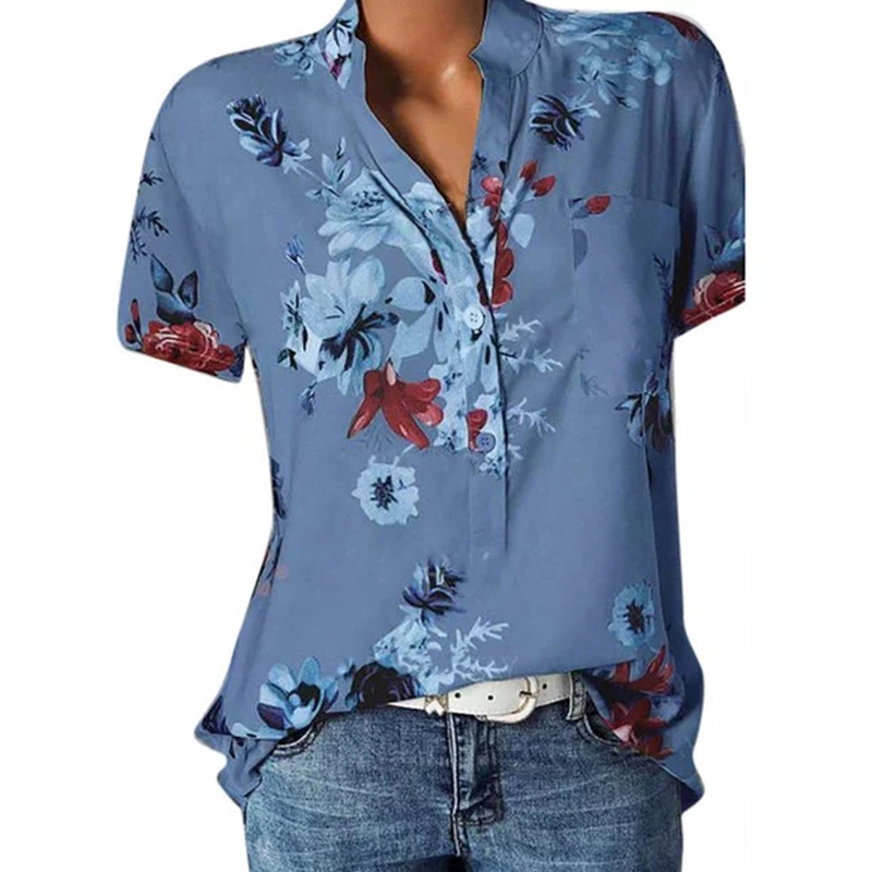 Women's printed V-neck button up shirt  女士印花V领系扣衬衫 - 图0