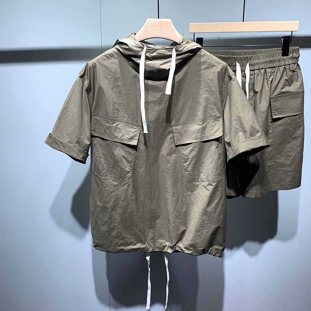 Men's Hooded Loose Solid Short Sleeve Set连帽宽松纯色短袖男 - 图0