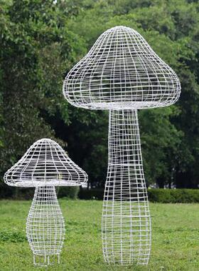 不锈钢铁艺镂空蘑菇雕塑户外园林售楼部草坪网格金属发光植物摆件