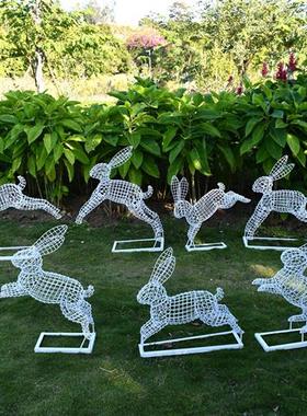 不锈钢镂空兔子雕塑户外公园林售楼部草坪铁艺装饰品发光动物摆件