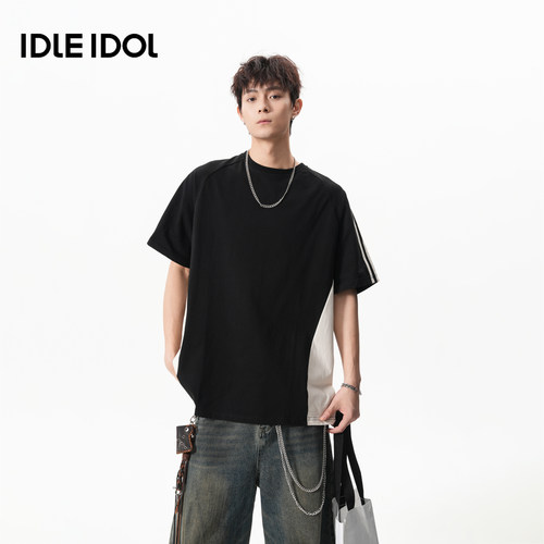 Idle Idol2026年夏季纯棉圆领T恤运动风撞色拼接上衣男女时尚短袖 - 图0