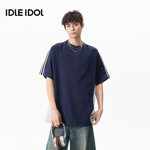 Idle Idol2026年夏季纯棉圆领T恤运动风撞色拼接上衣男女时尚短袖 - 图2