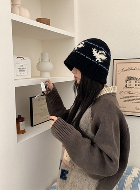 黑色复古针织帽女冬季韩系百搭显脸小毛线水桶帽加厚防寒保暖帽子