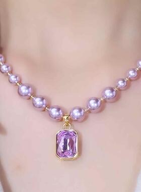 荣昇精选天然水晶紫珍珠项链紫色方形吊坠高级感轻奢小众锁骨链女