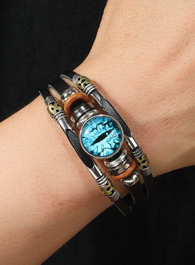 网红欧美新款眼睛皮革手链创意手工串珠恶魔之眼手镯小众