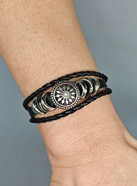 网红手绳太阳花串珠情侣手链个性编织学生可调节皮革手环小众