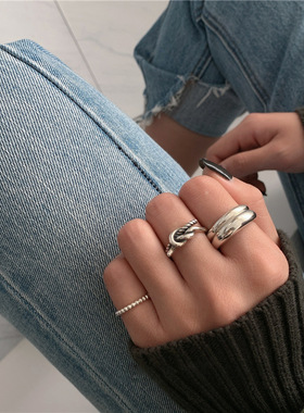 韩版复古S925镀银个性交叉打结开口戒指女ins简约冷淡风食指指环