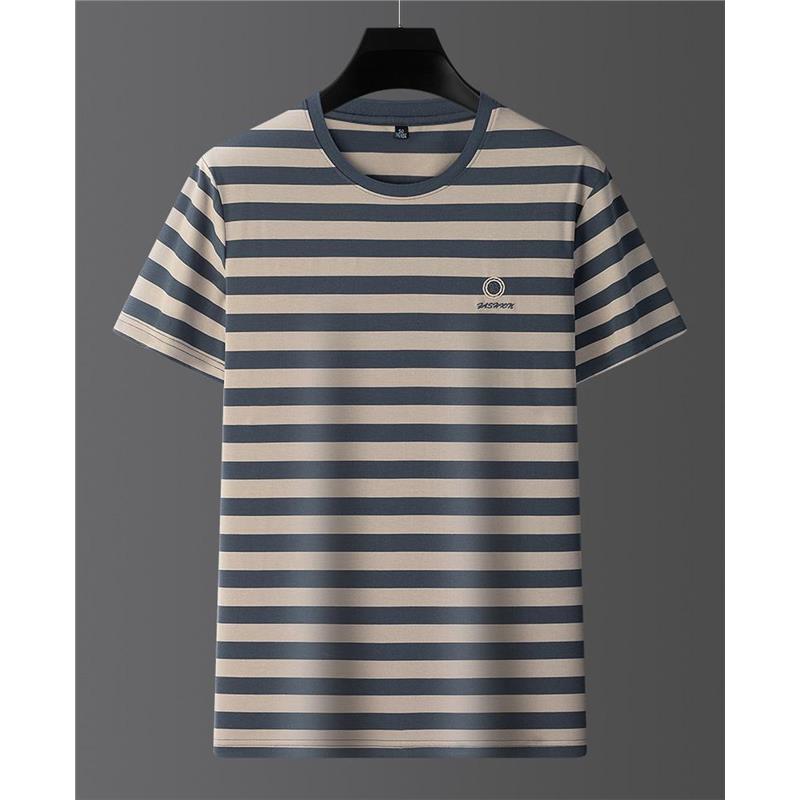 皮尔卡丹男士桑蚕丝条纹短袖T恤2025夏季休闲百搭圆领体恤上衣男 - 图2