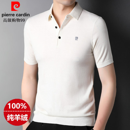 皮尔卡丹短袖100%纯山羊绒衫翻领针织半袖羊毛衫男装休闲秋冬毛衣