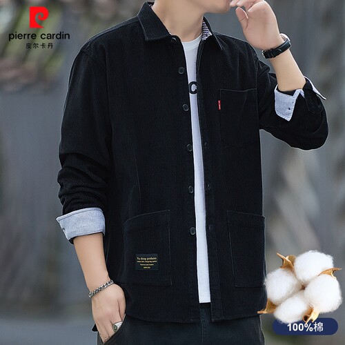 皮尔卡丹重磅纯棉长袖衬衫男中年春秋季工装上衣灯芯绒衬衣外套男 - 图3
