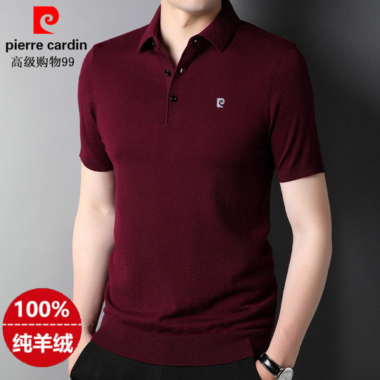 皮尔卡丹短袖100%纯山羊绒衫翻领针织半袖羊毛衫男装休闲秋冬毛衣