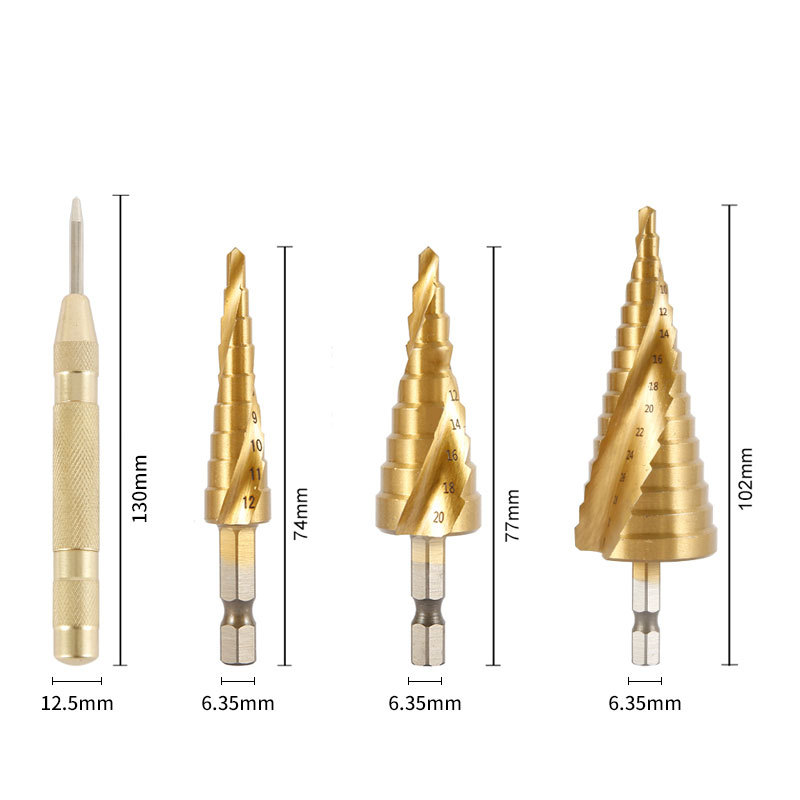 4PC宝塔台阶钻螺旋阶梯钻六角柄 HSS4241高速钢六角阶梯钻中心冲 - 图1