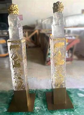 新中式透明树脂狮子摆件金箔拴马桩立柱酒店别墅家居貔貅雕塑落地