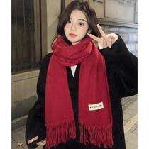 Red knit scarf Korean drama female main pure color minimalist couple Winter womens pure cotton warm style cashmere scarf Christmas