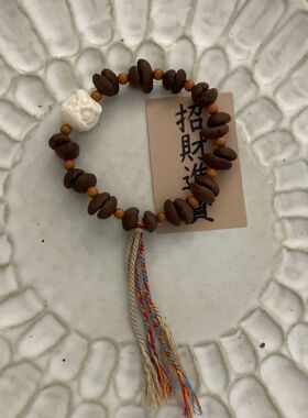 新中式咖啡豆手链醒狮天然木珠个性2024新款弹力流苏520手串情侣