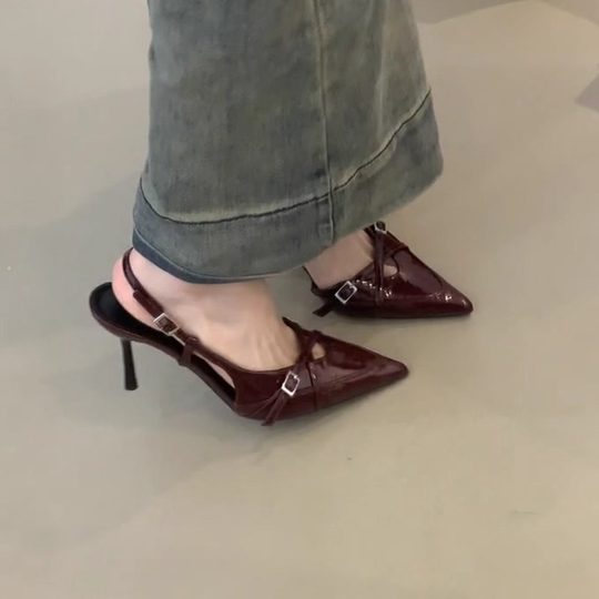 2025新款黑色真皮尖头绝美高跟鞋女细跟单鞋穆勒鞋一字带包头凉鞋