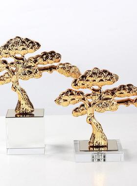 中式迎客松摆件酒店门厅玄关过道桌面工艺品金属松树雕塑软装饰品