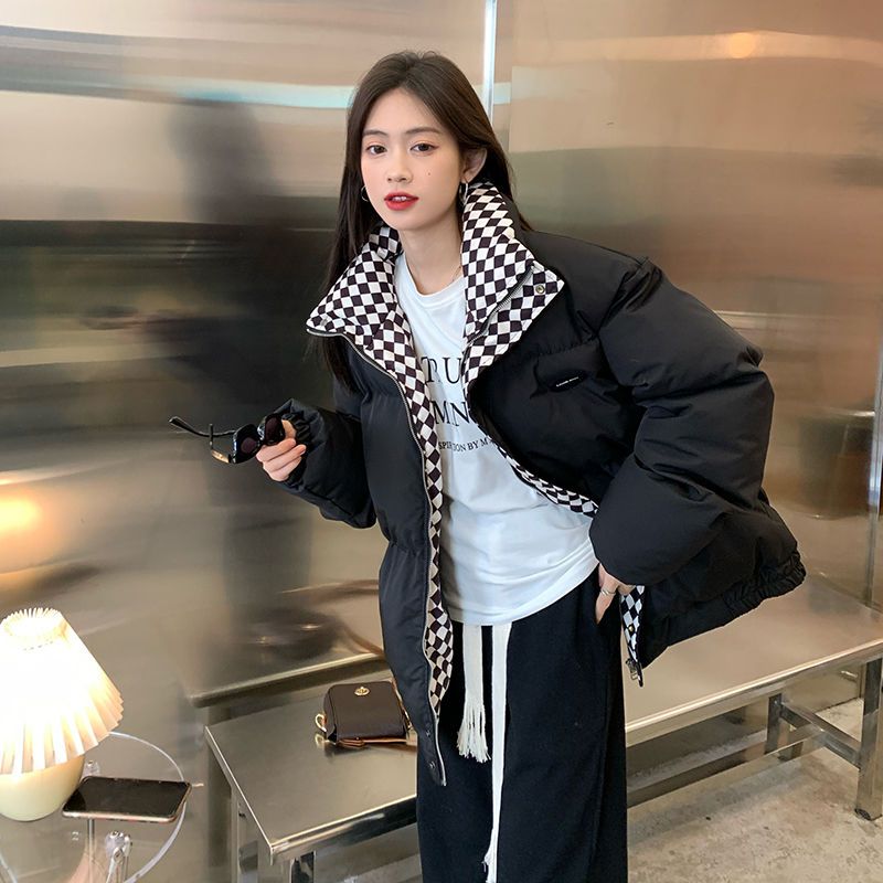 棋盘格棉服外套女冬季新款森系羽绒面包服
