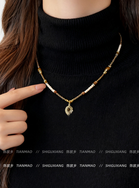 复古串珠虎眼石吊坠项链莫瑞风