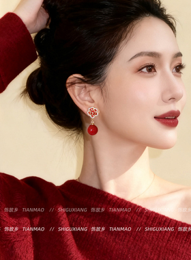 红色玫瑰花珍珠耳环2026新款