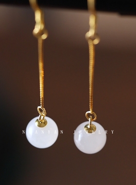 暖言新中式长款灵动流苏国风耳环和田玉耳环白玉无痛耳坠耳饰品女