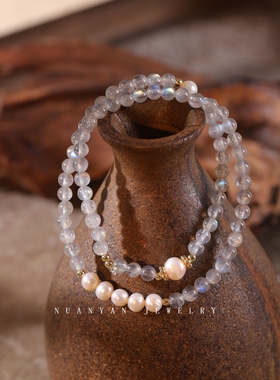 暖言双圈灰月光石手链女天然淡水珍珠双拼手串稳感情助睡眠送礼物