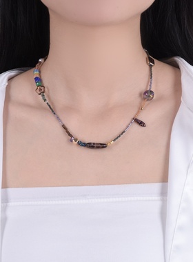 新中式彩色米珠天然石项链春秋级感锁骨链红色喜庆民族风毛衣链