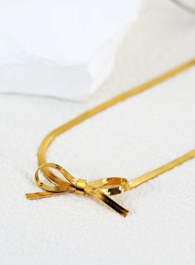 新款简约百搭轻奢小众高级感不锈钢镀18k金侧面蝴蝶结项链