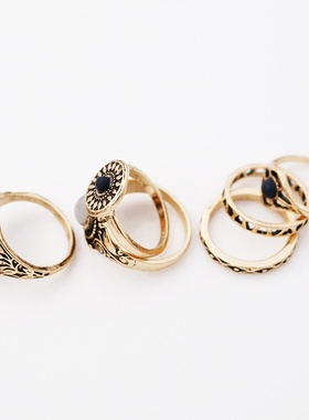 欧美 圆形灰色宝石白色猫眼六件套戒指套装