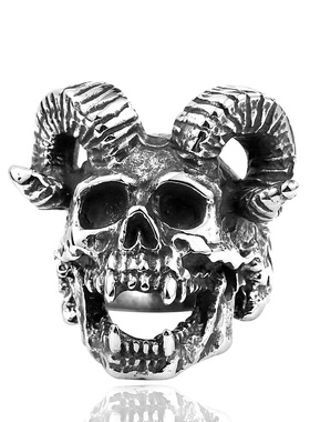 钢铁战士夸张个性饰品 钛钢男士戒指 撒旦公羊角骷髅头指环