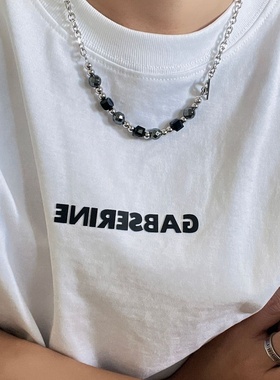 冷淡风黑色冰裂珠拼接项链男潮钛钢链条小众高级感OT扣毛衣链颈链