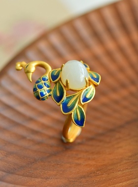 古法传承鎏金工艺凤凰戒指女民族风文艺范彩绘珐琅仿和田玉指环女