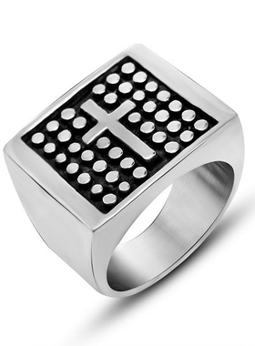 复古波点十字花纹宽戒指 欧韩款霸气个性男士单身钛钢饰品SA258