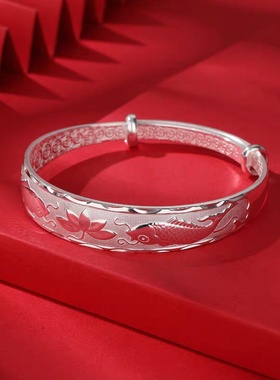 双鱼莲花银手镯女镀银推拉实心时尚镯子妈妈款银饰送老年人银镯