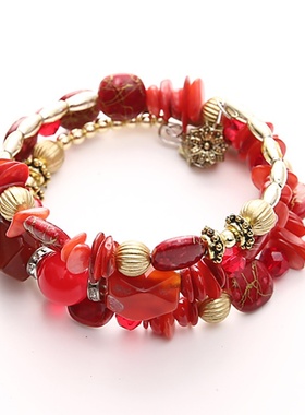 欧美手链复古仿天然石松石玛瑙串珠多层缠绕手串手镯