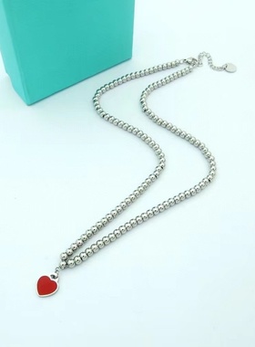 t家爱心珐琅项链钛钢吊坠刻字桃心珍珠链延长链个性新款