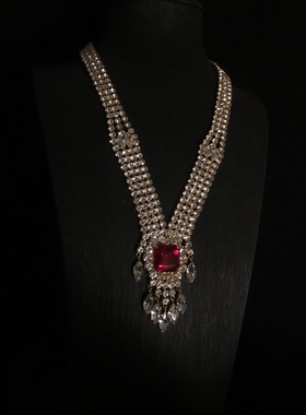 新年款夸张红色宝石钻复古项链耳钉耳夹套装气质百搭锁骨链耳饰女