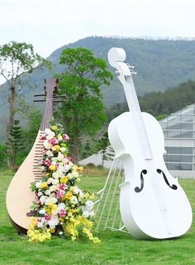 不锈钢大提琴花架金属音符雕塑摆件户外婚礼园林草坪景观装饰美陈