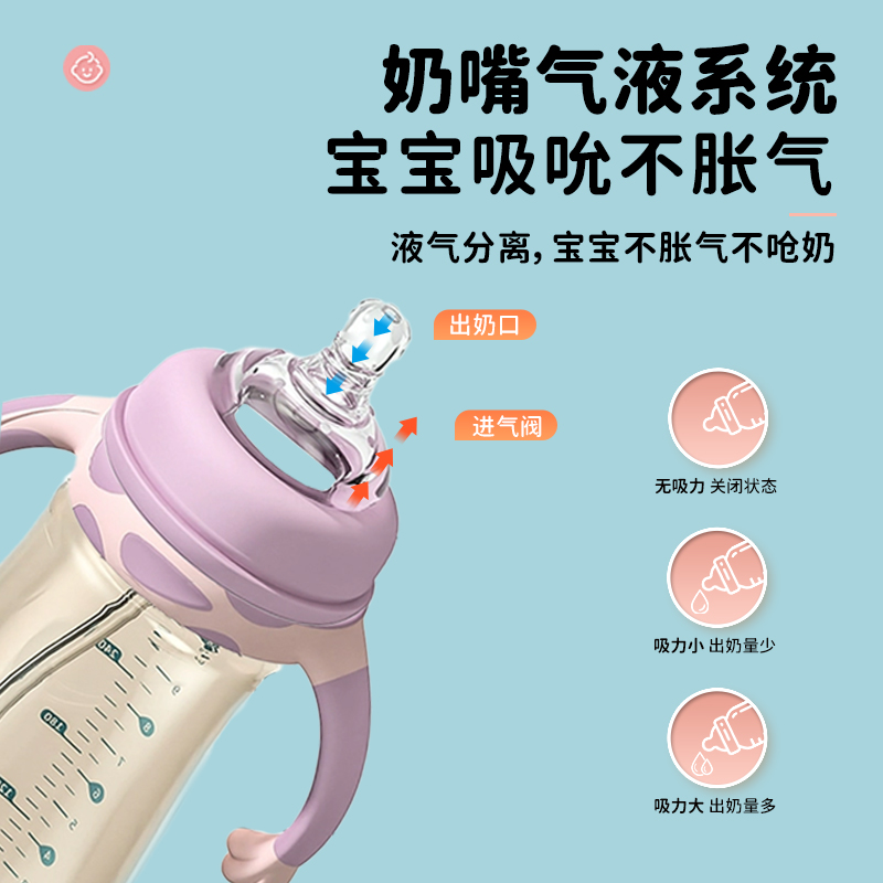 baann奶瓶仿母乳奶嘴三重防漏加厚耐摔ppsu材质带手柄吸管重力球