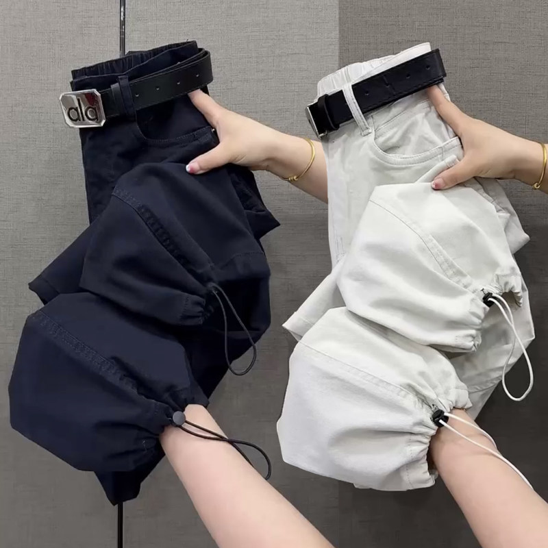 欧货春秋新款牛仔工装裤女高腰弹力显瘦弯刀裤直筒束脚两穿哈伦裤