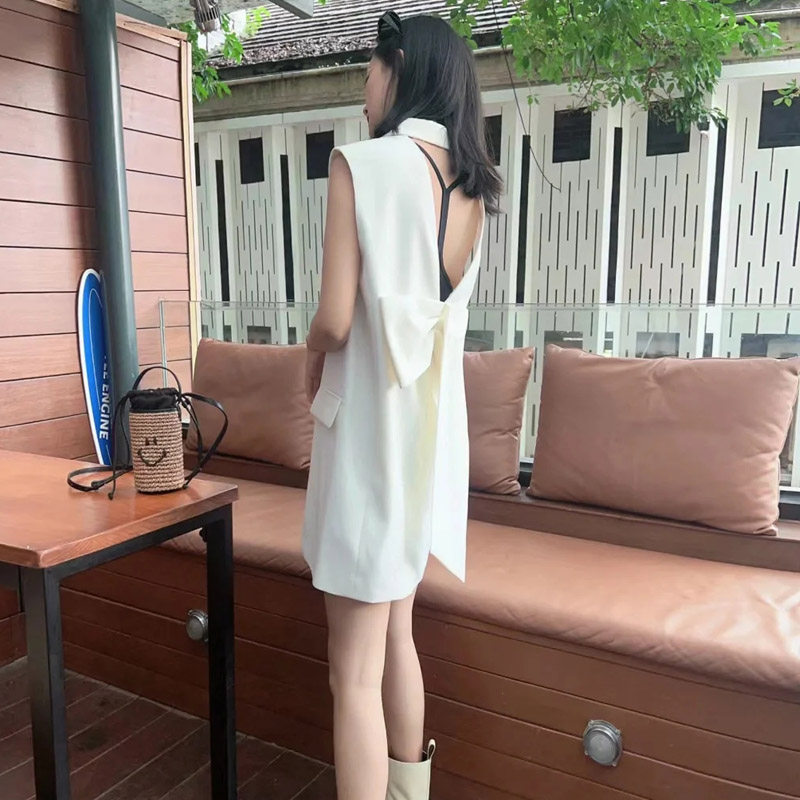 何超莲明星同款黑色西装连衣裙女设计感后背立体蝴蝶结马甲外套夏