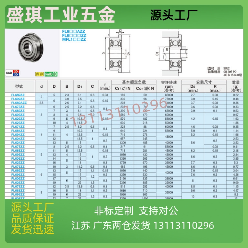 带法兰滚珠轴承 FL6708ZZ FL6800ZZ FL6801ZZ FL6802ZZ FL6803ZZ - 图0