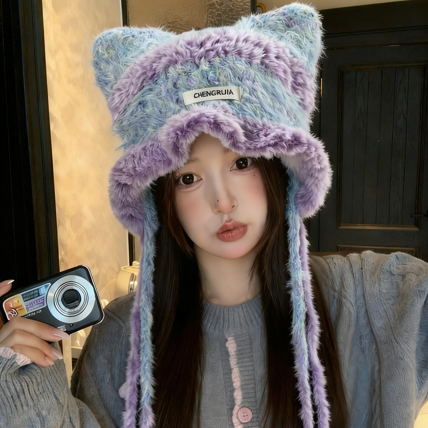 可爱猫耳针织毛线帽秋冬2025新款百搭显脸小绑带防寒保暖护耳帽子,淘宝优惠券,粉丝福利购,淘宝优惠卷