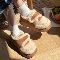 (Retro Lamb Hair) Snow ground boots thick bottom trendy fur female winter warm non-slip 100 lapped Han version Package heel cotton tug