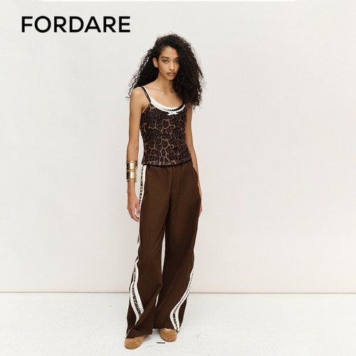FORDARE/福蝶25春夏复古感豹纹拼接运动舒适宽松水洗咖色女士长裤 - 图1