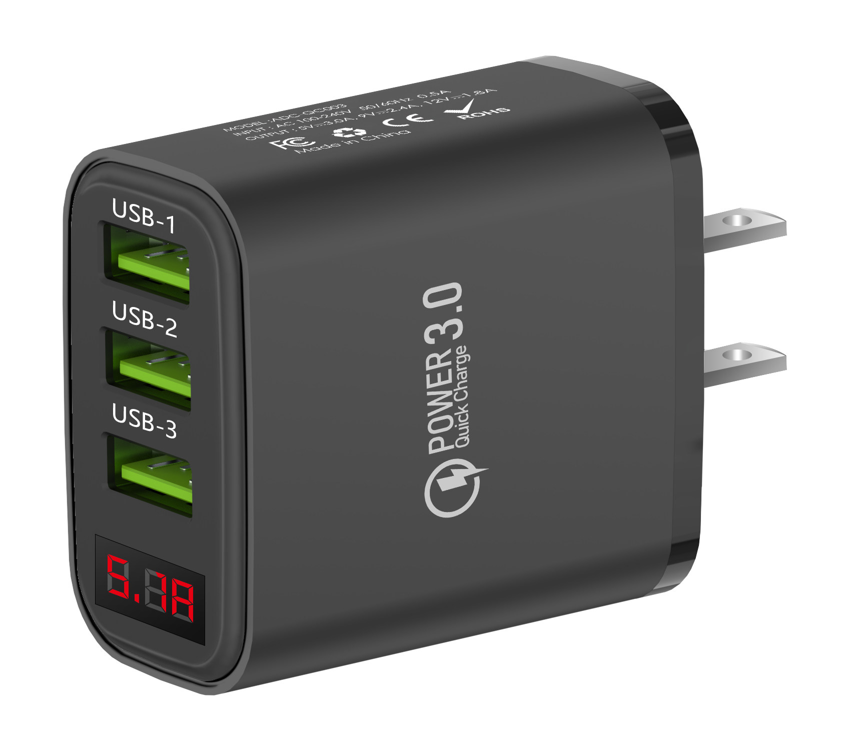适用苹果荣耀一加多口3USB充电器5V3.0A9V12V1.8数显手机充电头带显示屏幕英规欧美规香港澳门台湾新加坡旅行