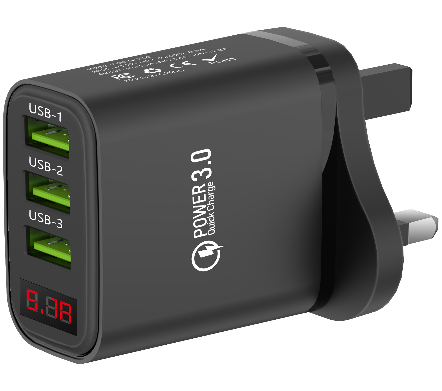 适用苹果荣耀一加多口3USB充电器5V3.0A9V12V1.8数显手机充电头带显示屏幕英规欧美规香港澳门台湾新加坡旅行