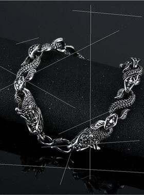 Vintage tanium steel men bracelet double dragon head s-shape