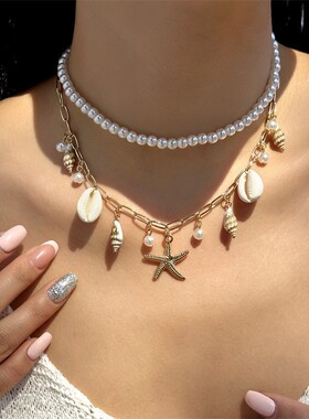 夏季新款波西米亚度假风贝壳海星项链小众高级感女仿珍珠串珠项饰