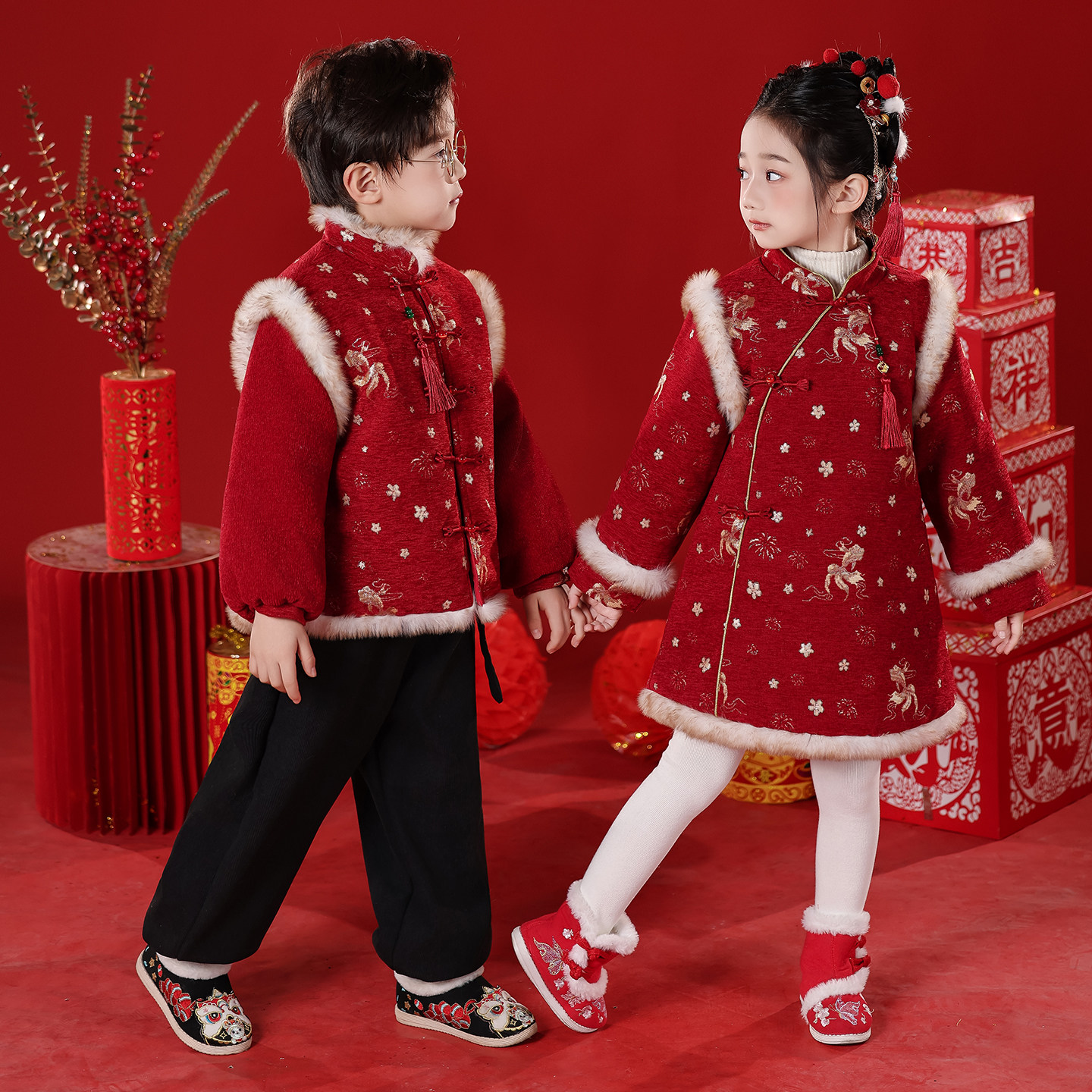 元旦儿童喜庆演出服拜年服男女童中国风新年套装冬季古风加厚唐装,淘宝优惠券,粉丝福利购,淘宝优惠卷